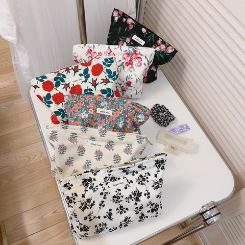 Trousse à Maquillage Vintage en Coton Floral Grande Capacité Sac de Rangement Cosmétique de Voyage Pour Femmes Pochette en Toile Imprimée Avec Fermeture Éclair