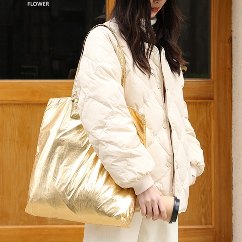 Grote Metallic Tote Bag Dames Glanzend Nylon Gerimpeld Schoudertas Retro Streetwear Minimalistische Handtas
