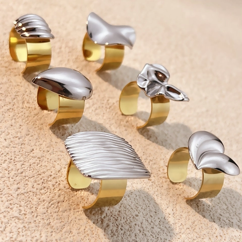 Adjustable Open Rings 304 Stainless Steel 18K Gold Plated Two Tone Irregular Geometric Heart Water Drop Minimalist