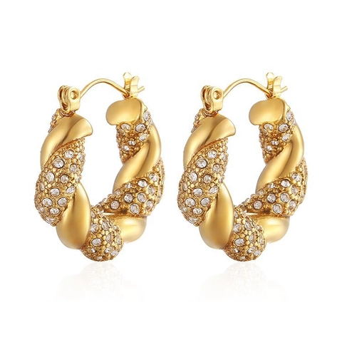 Stainless Steel Hoop Earrings With Cubic Zirconia Twist Rope Design 18K Gold Plated French Retro Temperament Jewelry