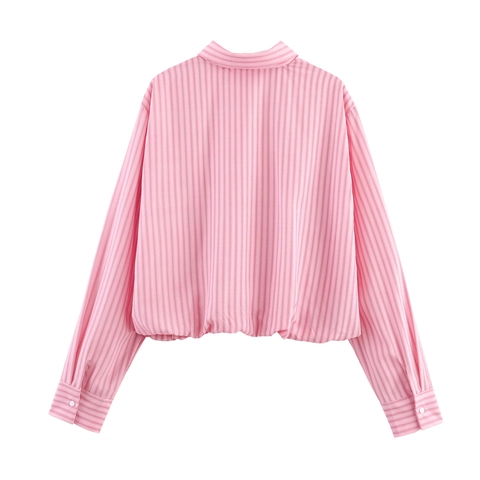 Pink Striped Blouse Long Sleeve Lapel Collar Elastic Hem Loose Fit Polyester Casual Sweet Style For Women