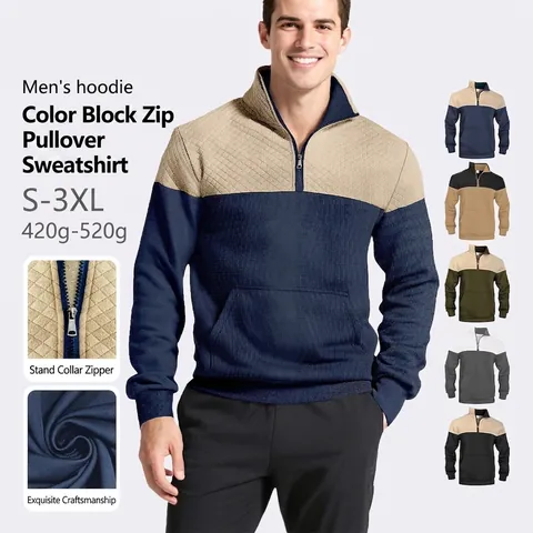 Sudadera Para Hombre Con Bloques De Color Cremallera Corta Cuello Alzado Patrón Diamante Acolchado Pullover Casual Streetwear