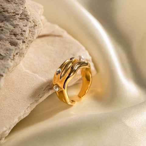Ins Style 18K Gold Plated Stainless Steel Open C-Shaped Ring With Artificial Pearl Rhinestone Adjustable Jewelry For Women