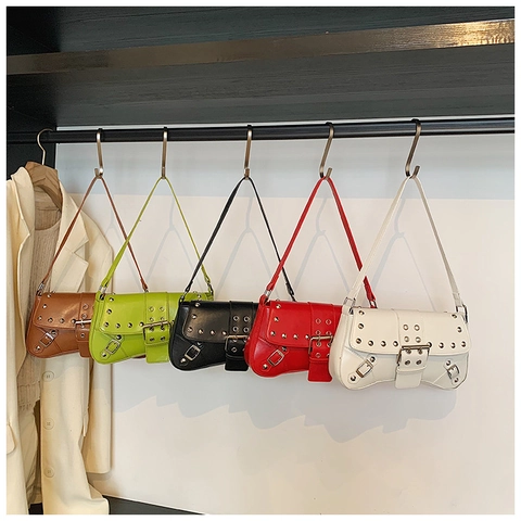 Borsa a Spalla con Borchie Punk da Donna Y2K Borsa Sottobraccio in Pelle PU Vintage Fibbia Argento Tracolla Regolabile