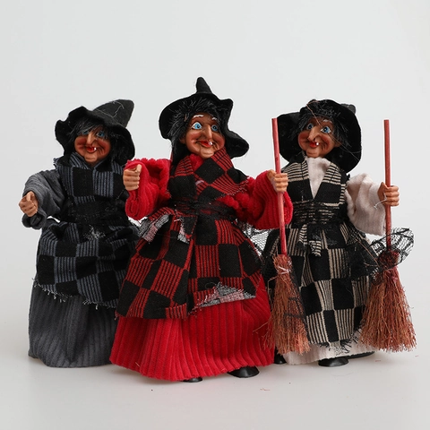 Ornements De Poupée De Sorcière D'Halloween Vêtements À Carreaux Balai Décoration De Table Accessoires Maison Hantée Style Effrayant