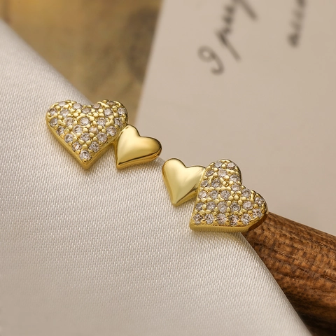 Minimalist Double Heart Stud Earrings For Women Copper With Zircon Inlaid Gold Plated Refined Tiny Jewelry