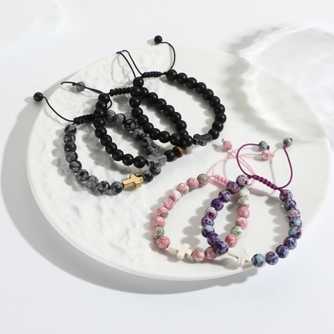 Bracciale Con Ciondolo A Croce Pietra Naturale Agata Occhio Di Tigre Ossidiana Perline Corda Intrecciata Regolabile Regalo Unisex
