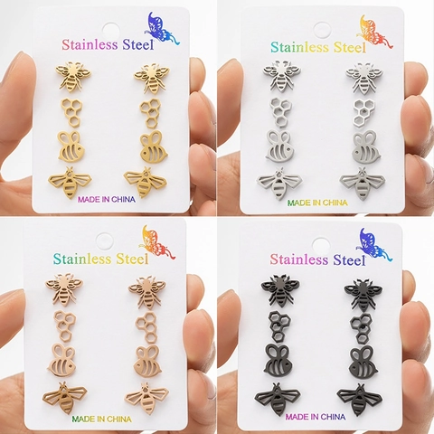 Stainless Steel Bee Honeycomb Stud Earrings For Women Cute Hollow Animal Gold Rose Gold Black Silver Jewelry Earrings