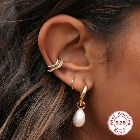 Pendientes de Aro Bicolores con Curva de Onda de Plata de Ley 925 para Mujer Incrustaciones de Circonia AAA Chapado en Oro Plata Joyería