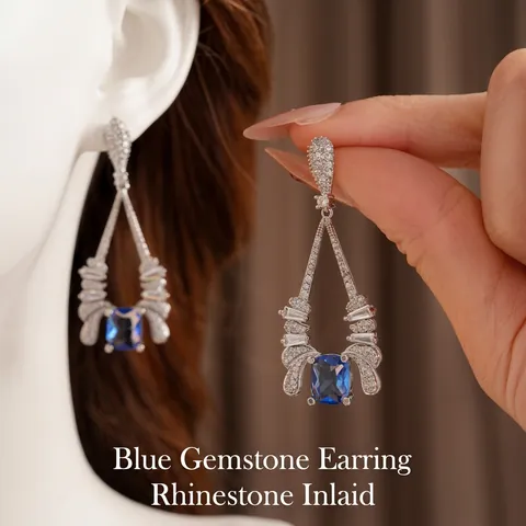 Boucles Oreilles Pendantes Luxe Vintage Pierre Bleue Rectangulaire Zircon Tige Argent Sterling 925 Base Cuivre