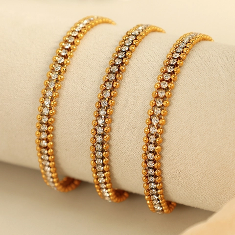 Pulsera de Acero Inoxidable de Moda para Mujer Cuentas de Doble Fila Elegante Diamantes de Imitación Incrustados Cadena de Extensión