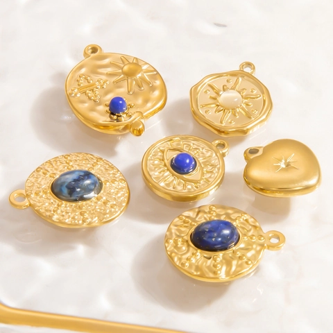 Vintage Stainless Steel Gold Plated Coin Pendant For Women Retro Evil Eye Sun Heart Compass Relief Inlaid Stone DIY Jewelry