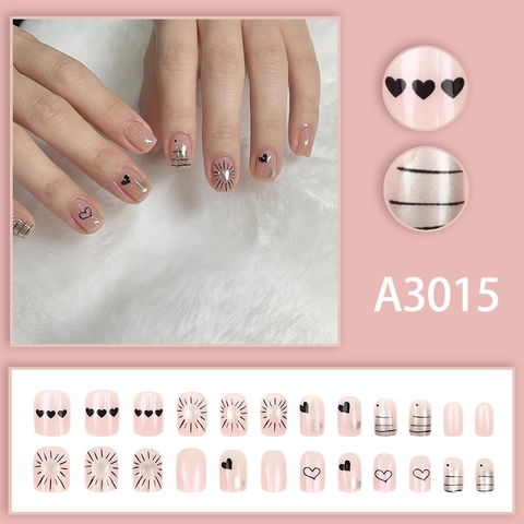 Uñas Postizas Rosas Brillo De Perla Artificial Patrón De Corazón Estilo Dulce Simple Para Mujer Arte De Manicura Diario