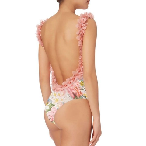 Women Swimwear Swimsuit 3D Flower Applique Floral Print Backless Beach Vacation Swimsuit And Sarong Wrap Skirt