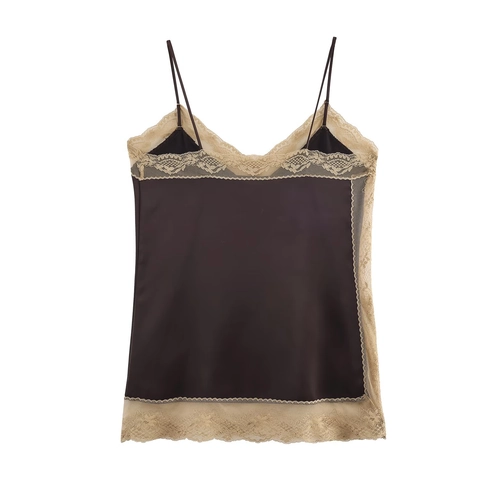 Satin Camisole Top With Lace Trim V-Neck Sleeveless Spaghetti Strap Solid Deep Brown Elegant For Women