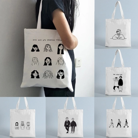 Canvas Tragetasche Harajuku Stil Minimalistische Line Art Bedruckte Umhängetasche Für Mädchen Studenten Täglich Wiederverwendbare Einkaufstasche