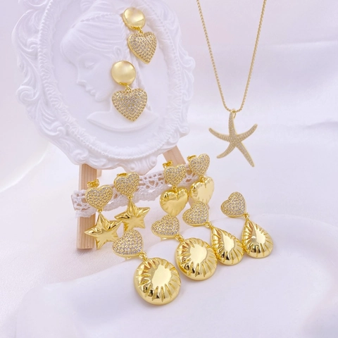 Orecchini Collana Stella Marina Cuore Gioielli Rame Zirconia Placcato Oro Geometrico Elegante Accessorio Donna