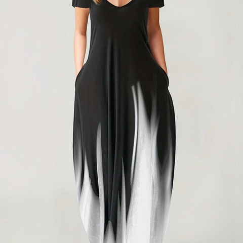 Damen Casual Polyester Elasthan Ombré Verlauf-Druck Kurzarm V-Ausschnitt Maxi-Kleid Mit Taschen Sommer Locker Weit Top