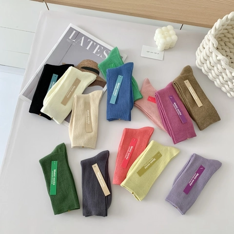Damen Crew Socken Gekämmte Baumwolle Einfarbig Rippstrick Lässig Atmungsaktiv Japanischer Stil Weiche Mittelhohe Socken