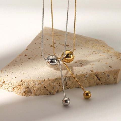 Stainless Steel 18K Gold Plated Sphere Bead Lariat Necklace Minimalist Snake Chain Y Shaped Long Bar Pendant For Women