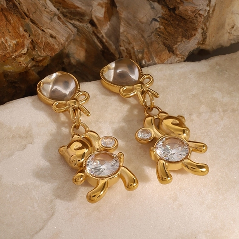 Pendientes De Oso De Acero Inoxidable Con Lazo De Corazón E Incrustaciones De Circón Redondo Moda Dulce Para Mujeres