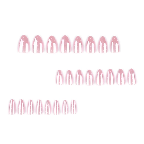 Ongles À Presser Forme Amande Finition Aurore Nacrée À Pois Blancs Et Rayures Faux Ongles Minimalistes Femmes