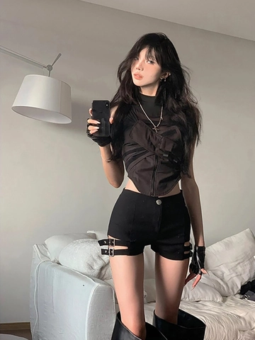 Pantaloncini Sexy Vita Alta Da Donna Misto Cotone Nero Cutout Punk Gothic Nightclub Hot Pants Con Fibbie Metalliche