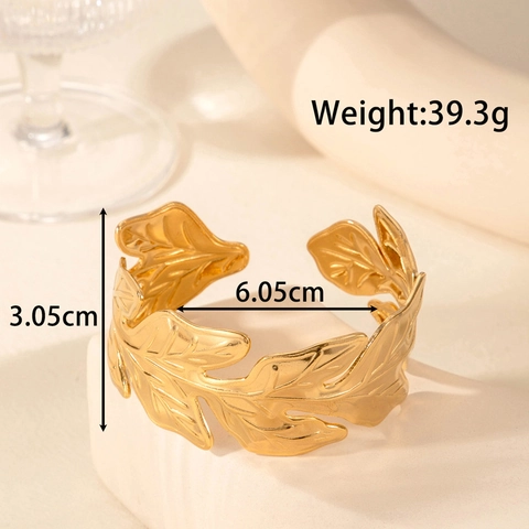 Women Stainless Steel Cuff Bracelet Hollow Leaf Geometric Open Bangle Fashion Jewelry Exaggerated Style