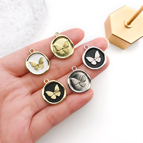 Butterfly Pendant Charms Alloy Enamel Oil Drop Round Embossed Relief With Loop DIY Jewelry Making Accessories Jewelry Parts