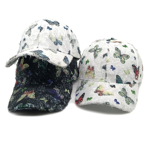 Butterfly Print Baseball Cap Distressed Frayed Edge Polyester Adjustable Sun Protection Hat Women Streetwear