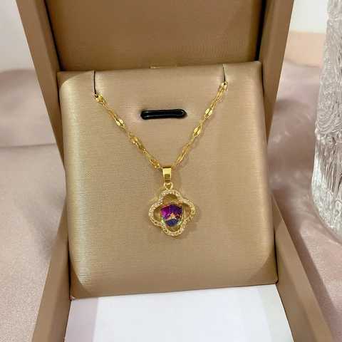 Collana A Catena In Acciaio Inossidabile Pendente Quadrifoglio In Rame Zirconia Arcobaleno Gioielli Eleganti Donna