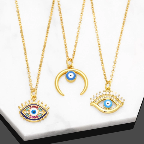 Collier Pendentif Mauvais Œil Cuivre Plqué Or 18K Zircon Coloré Émail Bijoux De Protection Mode Cadeau Pour Femmes
