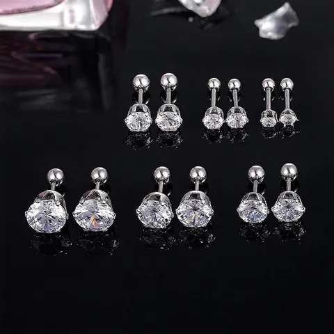 Orecchini a Bottone in Acciaio Inossidabile con Zirconia Rotondi Geometrici Chiusura a Vite Gioielli Piercing Unisex