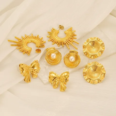 Stainless Steel Stud Earrings For Women 18K Gold Plated Shell Artificial Pearl Bowknot Sun Flare Spiral Round Fashion Jewelry