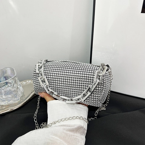 Borsa Tracolla Cilindrica Strass Donna Borsa Mano Diamanti Scintillanti Catena Metallo Manico Perla Artificial Per Festa Elegante