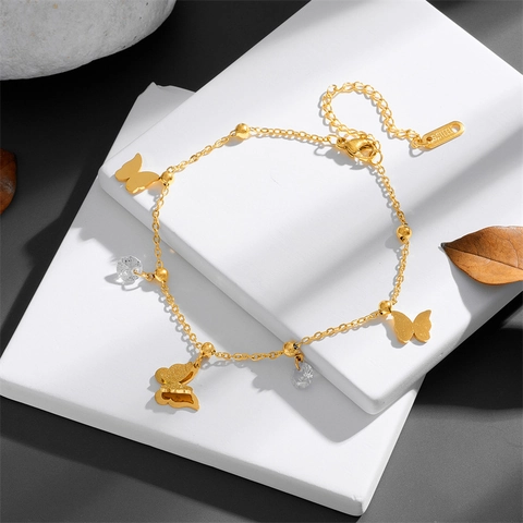 Butterfly Anklet Bracelet Stainless Steel Gold Plated Zirconia Dangle Foot Chain Jewelry For Women Minimalist Fashion Gift