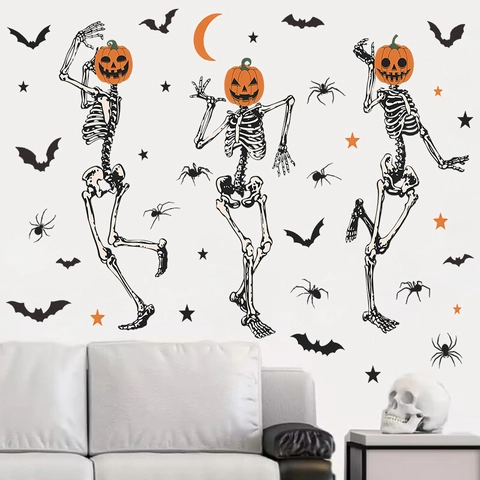 Halloween Wall Stickers PVC Pumpkin Skeleton Bat Spider Scary Funny Party Window Decals Home Decor
