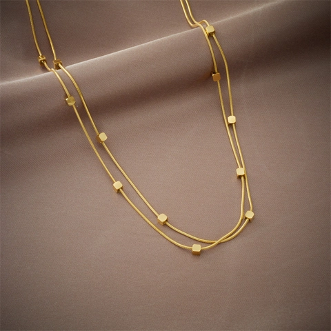 Fashion Stainless Steel Double Layered Square Pendant Necklace Vintage Gold Plated Snake Chain Jewelry For Women Commuter
