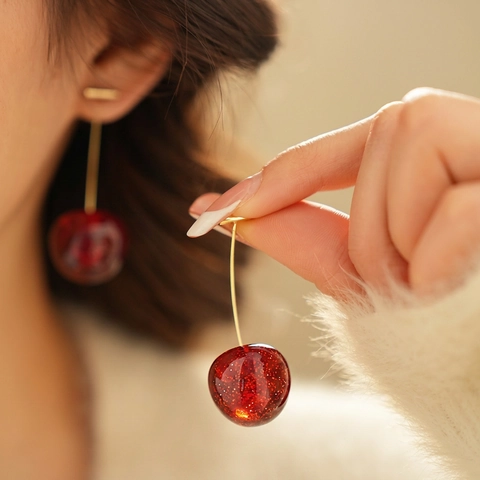 Orecchini A Ciliegia In Resina Rossa Con Perno In Argento Glitter Gioielli Frutta Traslucidi Per Donne Ragazze Chic