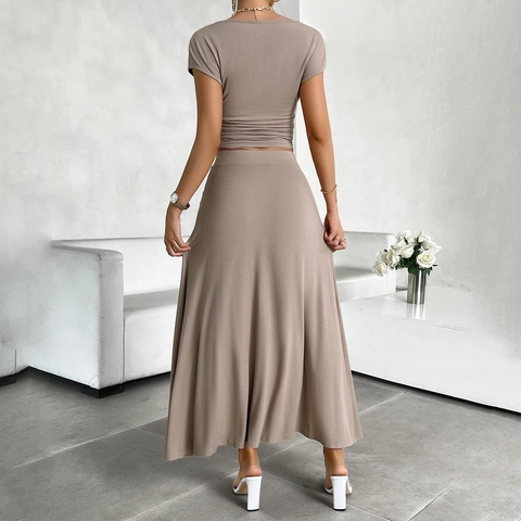 Women Elegant Ribbed Knit Short Sleeve Crop Top And High Waist Maxi Skirt Slim Fit Summer Casual Outfits Solid Color