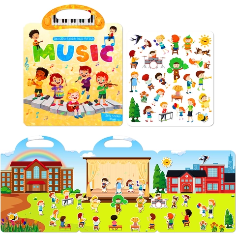 Reusable Music Concert Jelly Sticker Book For Kids Educational Early Learning Toy Portable Scene Map DIY Stickers