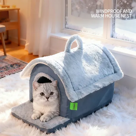 Enclosed Cat House Nest Denim Fabric Faux Rabbit Fur Warm Portable Handle Foldable Indoor Pet Bed For Small Dogs Cats