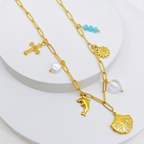 Collana In Acciaio Al Titanio Con Ciondoli Multipli Da Donna Con Imitazione Perla Artificial Croce Conchiglia Delfino Stile Bohemien