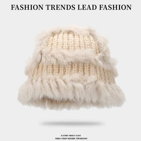 Women Winter Warm Acrylic Knitted Cloche Hat With Faux Fur Trim Thick Plush Korean Style Elegant