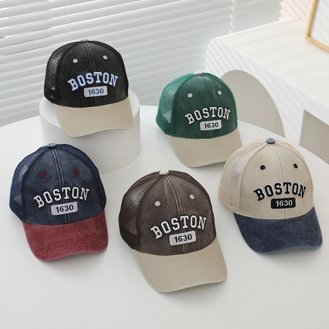 Kinder Trucker Cap Boston Stickerei Atmungsaktive Baumwolle Mesh Baseball Kappe Vintage Sonnenschutz Für Jungen Mädchen