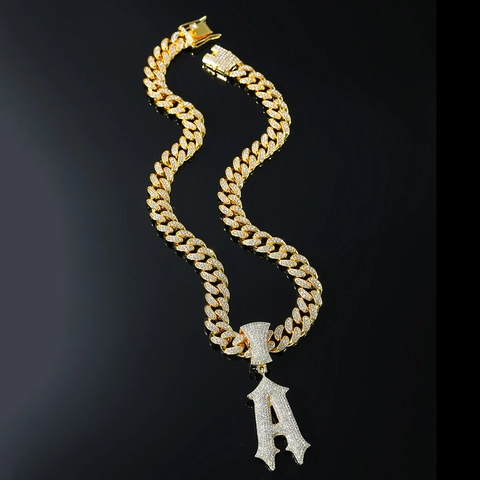 Hip Hop Alloy Rhinestone Letter A Pendant Necklace For Men Gold Silver Plated Cuban Link Chain Iced Out Streetwear Jewelry Gift
