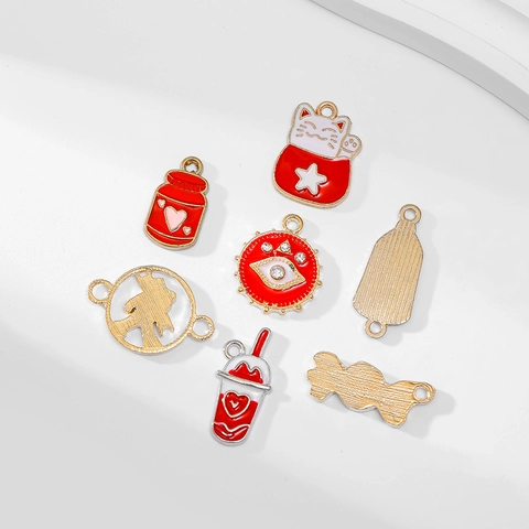 Red Enamel Alloy Charms DIY Jewelry Making For Necklaces Earrings Bracelets Cartoon Lucky Cat Candy Cup Evil Eye Style