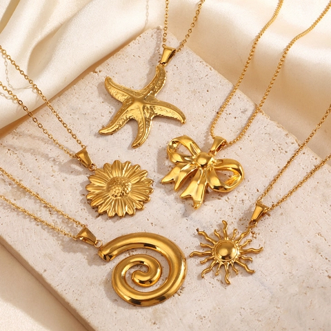 Collier Pendentif Acier Inoxydable Plaqué Or Étoile De Mer Nœud Soleil Tournesol Spirale Bijoux Pour Femmes