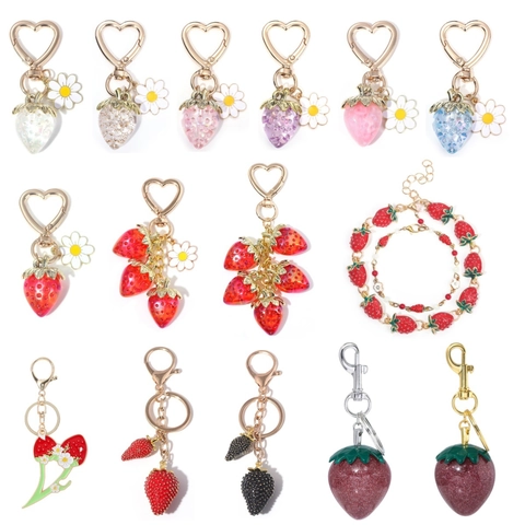 Porte-clés Fraise Cerise Fruit Bijou De Sac Pour Femmes Filles Alliage Résine Forme De Cœur Accessoire De Mode