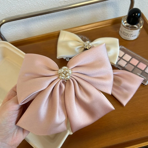 Grande Fermaglio Capelli Fiocco Raso Stile Francese Fiore Perla Artificial Decorazione Forcina Elegante Per Donne Accessorio
